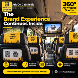 Illustrative shuttle seat-back and headrest branding with passenger QR codes