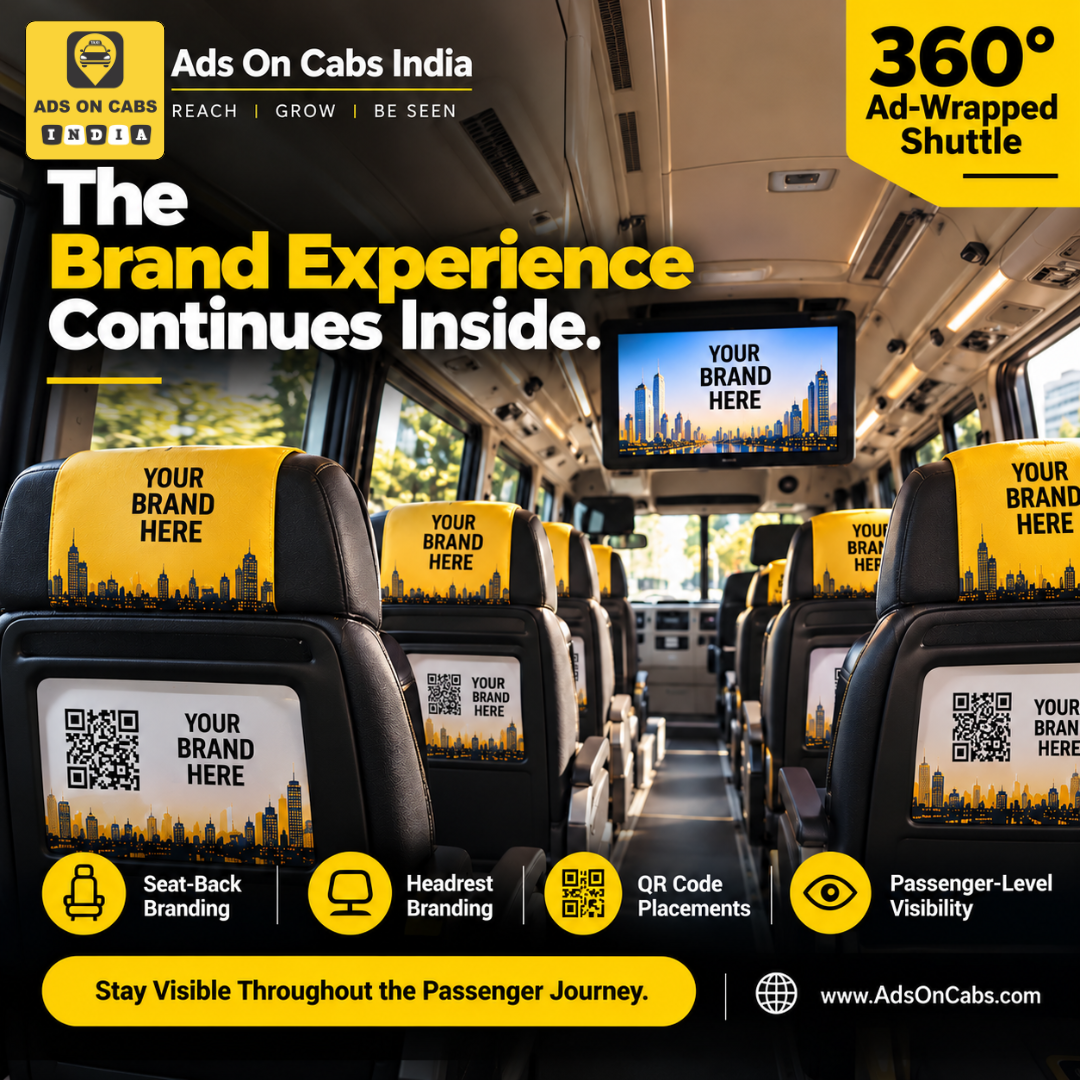 Illustrative shuttle seat-back and headrest branding with passenger QR codes